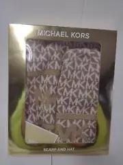 $98 Women's OSFM Michael Kors Scarf & Hat Set Reversible Dark Camel White Gold