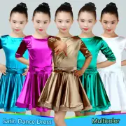 Girls Satin Dance Dress Shiny Latin Dancewear Ballroom Rumba Tango Costume