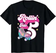 [X.Style] Kids Rollin' Into 5 Roller Skating 5th Birthday Bday Girl Skate ds1633 Youth T-Shirt (S) Black