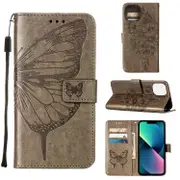 For iPhone 14 Plus Case, Embossed Floral Butterfly, PU Leather Wallet Cover, Lanyard, Stand, Grey