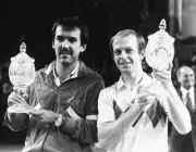 Czech tennis players Tomas Smid and Pavel Slozil hold their troph - Old Photo