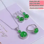 Jade Jewelry 4 Set Earrings Ring Pendant Necklace Charm 18K White Gold Plated