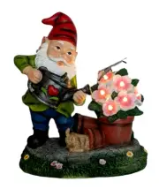 Solar Dwarf with Dog Statue Gnome Watering Flowers Garden Decor Patio Deck 12.5"