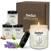 DelSol 4 Pack Candles for Home Scented, 4 x 7oz 100% Pure Soy Wax Candles with Cotton Wick for Clean Burning 200 Hour Long Lasting, 4 Scent Aromatherapy Glass Jar Scented Candles Gifts