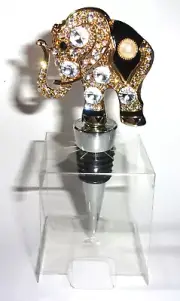 4.25” tall gold & black elephant wine stopper with crystals & large faux pearl