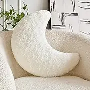 Moon Pillow, Moon Shaped Pillow with Soft Faux Fur for Couch Bed Sofa, Cute Half Moon Pillows with Room Decor for Bedroom Living Room (19 Inches, White)
