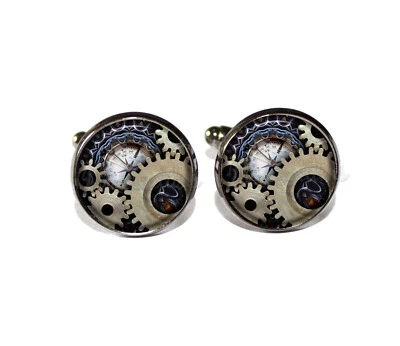 Steampunk Gears Time Design - Handmade Round Glass Metal Cufflinks Gift for Dad