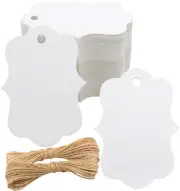 joycraft 100Pcs White Paper Tags, 2.7x2 inch Blank Gift Tags with String, Scallo