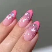 KAVI' S 24pcs French Tip Stick on Nails Love Heart Shinning Press on Nails Pink Glitter Fake Nails Short Almond Acrylic False Nails Jerry Glue for Women Girls Nail Art