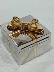 Desk mini mirror silver box gold bow opens to working clock and picture frame