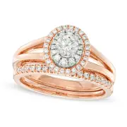 Previously Owned - 0.75 CT. T.W. Natural Diamond Double Oval Frame Split Shank Bridal Engagement Ring Set in Solid 10K Rose Gold