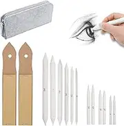 12 PCS Blending Stumps and Tortillions Paper Art Blenders with 2 Sandpaper Pencil Sharpener Pointer for Student Artist Charcoal Sketch Drawing Tools, 1 Felt Bag for Student Sketch Drawing Accessories