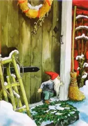 Postcard Art Cabin Tomte Gnome Cabin Hiding Broom Winter Snow Inge Look Finland