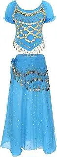 [TiaoBug] Women's Belly Dance Outfit Short Puff Sleeve Sequins Crop Top+Irregular Hem Skirt+Tassel Waist Chain