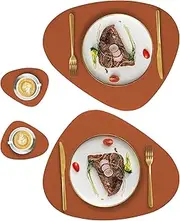 QPIX DIGITAL Leather Placemats and Coasters Set of 4 Round Leather for Dinner Table Mats Heat-Resistant Non-Slip Washable Insulation Coffee Mats Kitchen Place Mats Nordic Style Placemats (Brown)