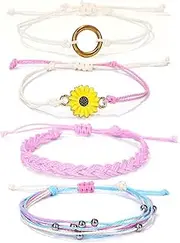 [Caiyao] 4 Pcs Summer Surfer Wave Anklet Bracelets Adjustable Strand Braided String Rope Bracelets Waterproof Handmade Sunflower Bracelets Anklets Jewelry for Women Teen Girls