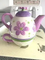 Ganz Bella Casa 3 Piece Purple & Green Floral Stacking Teapot & Teacup Rare New