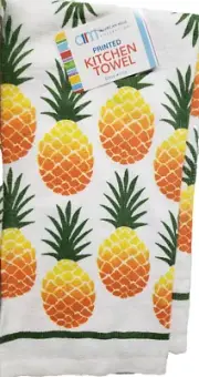 Set of 3 Same Printed Kitchen Towels (15" x 25") YELLOW PINEAPPLES ON WHITE, AM