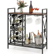 Costway 21-Bottle Freestanding Wine Rack Shelf w/Glass Holder & Wooden Top Metal Frame Rustic Organizer for Kitchen