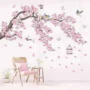 DECOWALL SG2-2426 Flower Tree and Cage Wall Stickers Pink Flowers Birds Decals Removable Nursery Bedroom Living Room Art Home Decor Decoration Floral Murals Colorful Red White