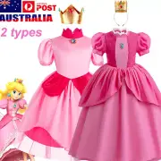 Princess Peach Cosplay Costume for Girls Kids,Princess Peach Dress With Crown AU