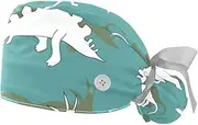 [WOSHJIUK] Working Hat 2 Pack Scrub Caps for Women,White Style Dinosaur,Tie Back Cap Adjustable Scrub Hat