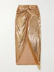 [PATBO] PATBO - Fringed Draped Sequined Satin Midi Skirt - Gold - US10 US 10 Gold