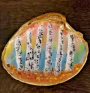 Seashell Art BIRCH TREES Hand Painted GOLD TRIM Trinket Ring Dish by Melmae-NEW