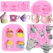 RFGHAC Tea Party Cake Mould Teapot Fondant Moulds Tea Cup Silicone Mould Ice Cream Moulds for Cake Decorating Cupcake Topper Candy Polymer Clay Chocolate Gum Paste Set of 4