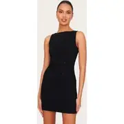 Black Stretch Woven Button Down Shift Dress, Black