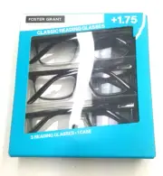 3 Pairs Foster Grant +1.75 Classic Readers Reading Glasses NEW