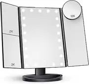 Makeup Mirror Vanity Mirror with Lights, 2X 3X 10X Magnification, Lighted Makeup Mirror, Touch Control, Trifold Makeup Mirror, Dual Power Supply, Portable LED Makeup Mirror, Women Gift (Black)