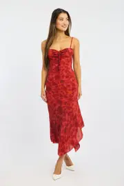 Red Floral Midi Dress Gathered Bust Strappy - Size 16XL, Women's Midi Dress