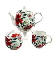 Grace Teaware Cream & Sugar Bowl, Teapot Poinsettia And Berries Christmas Set