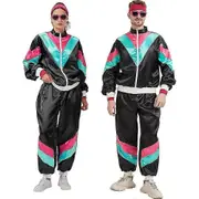 80s 90s Tracksuit for Men Women Retro Hip Hop Outfit Track Suit Windbreaker Set for Couples Costume Black Blue XL