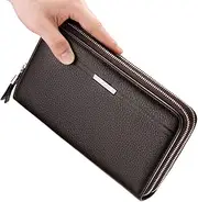 Men's Long Leather Wallet Zipper Closure Clutch Card Storage Bag Long Large Wallet Checkbook Clip Large Wallet,Brown