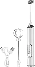 Handheld Milk Frother Electric, 3-Speed Adjustable with USB Rechargeable Battery - for Coffee, Latte, Hot Chocolate & Matcha - Includes 2 Whisk Heads (Milk Frother and Egg Beater) & Charging Cable