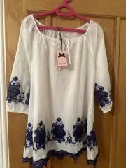 Bnwt Phase Eight White Cotton Justine Blouse Top Blue Crochet Detail 10