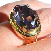 Oval Gold Plated 24K Hammered Ring Set w Shiny Purple Swarovski Crystal Sz 6.5