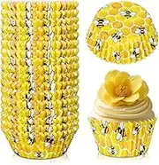 JarThenaAMCS 300Pcs Honey Bee Cupcake Liners Summer Bee Party Baking Cups Yellow Cupcake Wrappers Holders Muffin Liners for Baby Shower Birthday Wedding Party Decor