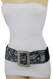 Women Wide Black White Elastic Belt Silver Metal Square Buckle Paisley Print S M