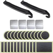 SING F LTD 1 Set of 30PCS Bicycle Tire Patch Repair Kit 12PCS Round 12PCS Rectangular Glueless Self-Adhesive Patches with 4PCS Metal Rasps 2PCS Tire Levers Storage Box
