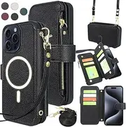 Harryshell Crossbody for iPhone 15 Pro Case Wallet Compatible with MagSafe Wireless Charging Multi Card Slots Cash Coin Zipper Pocket Shoulder Wrist Strap for iPhone 15 Pro 6.1 inch (Black)