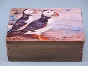 Wooden Chest with Pair of Printed Puffins on Lid - Vintage Retro Design Storage Box