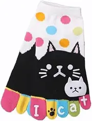 [DYZANOROKY] Women's Five-Toe Socks, Cotton, Cat Pattern, Cute, Half Length, Ankle Length, Breathable, Anti-Slip, Antibacterial, Sweat Absorbent, Quick Drying, Odor Resistant, One Size Fits Most, 6