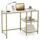 Giantex Computer Desk Tempered Glass Workstation Vanity Table w/ Storage Shelves