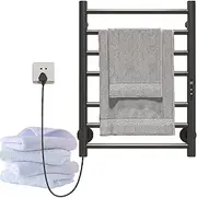 7 Bar Bathroom Heated Towel Rail, Intelligent Heating, 45-70℃ Efficient Constant Temperature Towel Warmer Rack for Bathroom W/Timer/Temperature Control, Keep Bath Shower Towel Warming Black Left Plug
