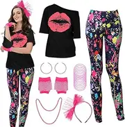 AUTOWT 80s Women Costume Set, 18 Pieces 80s 90s Accessories Set Outfit with T-Shirt, Geometric Legging Pants Earring Necklace Gloves Bracelet for 1980s Cosplay Party