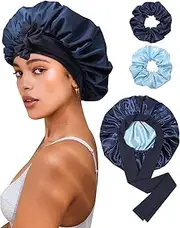 CHLINS Reversible Satin Bonnet for Sleeping Women Double Layer Hair Bonnet with 2PCS Hair Scrunchies Elastic Tie Band Night Cap, Navy Blue + Light Blue, One size
