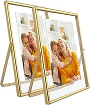 AhaGo Gold Floating Frame (5"x7", Vertical, 2 Set), For Picture 4x6, 3.5x5,2x3, Tabletop Shelf Photo Frames, Modern Minimalist Style, Classy For Festival, Home or Wedding Decoration